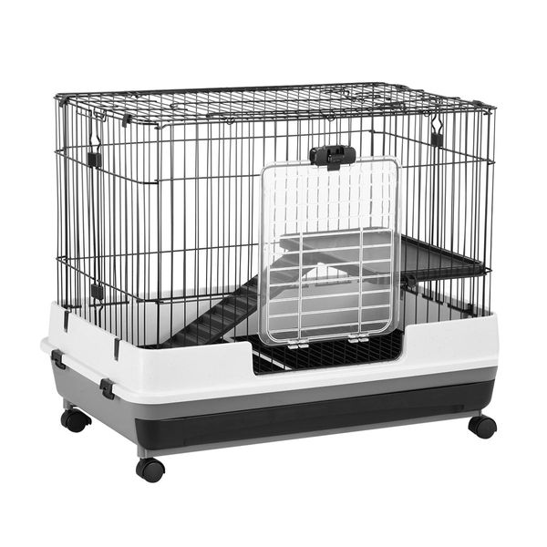 Wheeled Metal Rabbit Hutch Bunny Cage W/Top Front 2 Doors,Easy To Clean Pull Out Tray-81X51X67Cm