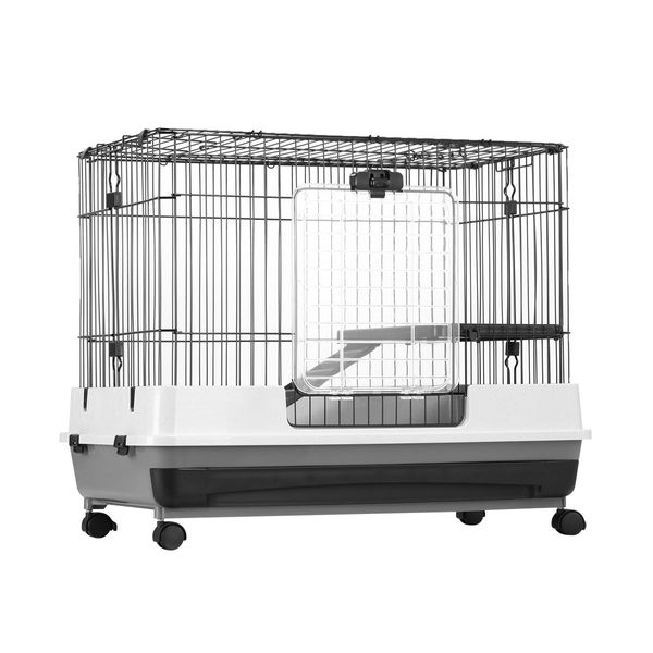 Wheeled Metal Rabbit Hutch Bunny Cage W/Top Front 2 Doors,Easy To Clean Pull Out Tray-81X51X67Cm