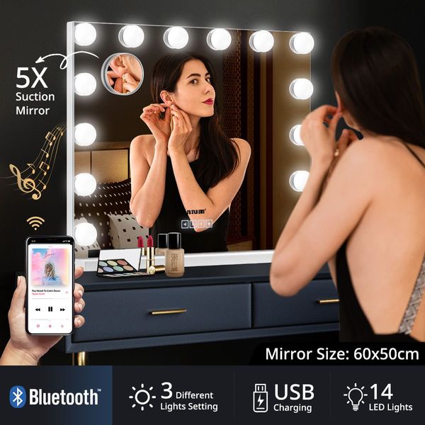 Bluetooth Control 14 Bulbs Flawless Makeup Hollywood Vanity Mirror W/5X Magnifying Mirror For Makeup Grooming Dressing