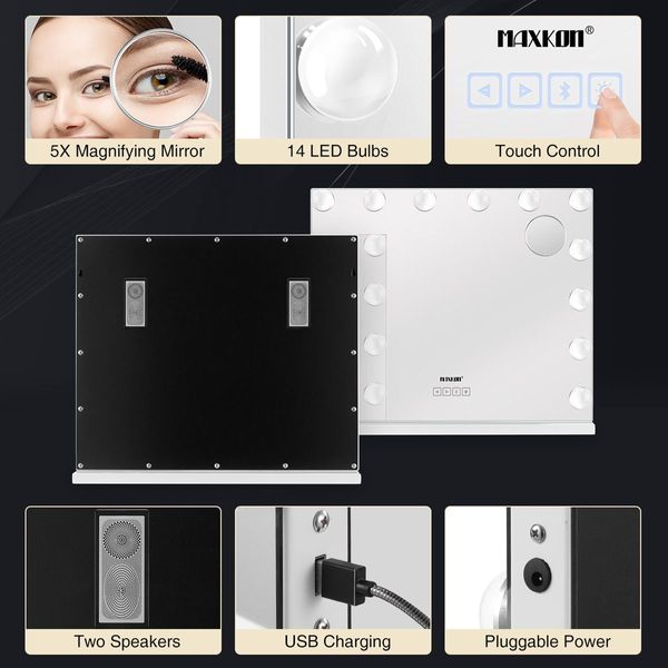 Bluetooth Control 14 Bulbs Flawless Makeup Hollywood Vanity Mirror W/5X Magnifying Mirror For Makeup Grooming Dressing