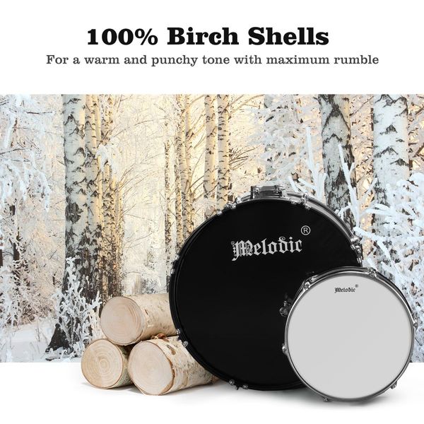 100% Birch Shell Full Size 5-Piece Drum Kit W/ Cymbals Pedal Stool Perfect For Beginners-Black