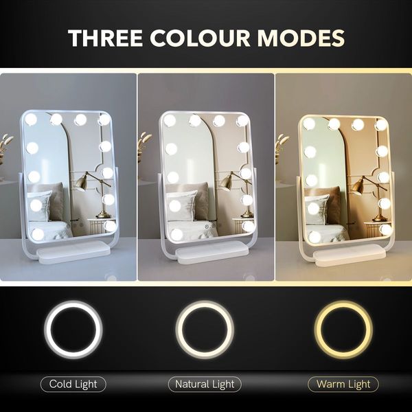 3 Light Color Rotatable Hollywood Makeup Vanity Mirror For Flawless Makeup Dimmer Adjustable-White