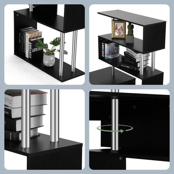 L-Shaped To Linear Shaped Rotating Computer Desk Office Corner Table W/ 4 Tiers Book Shelves-Black