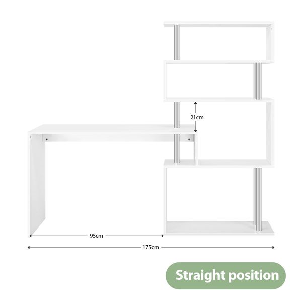 L-Shaped To Linear Shaped Rotating Computer Desk Office Corner Table W/ 4 Tiers Book Shelves-White