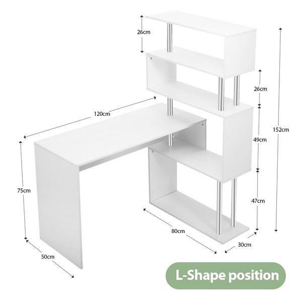 L-Shaped To Linear Shaped Rotating Computer Desk Office Corner Table W/ 4 Tiers Book Shelves-White