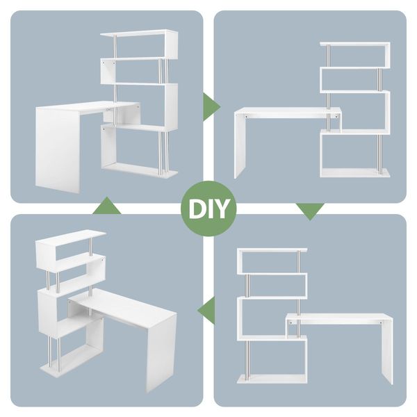 L-Shaped To Linear Shaped Rotating Computer Desk Office Corner Table W/ 4 Tiers Book Shelves-White