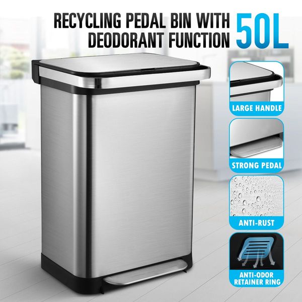 50L Non Rust Stainless Steel Kitchen Pedal Bin Good Sealing No Smell Easy To Clean