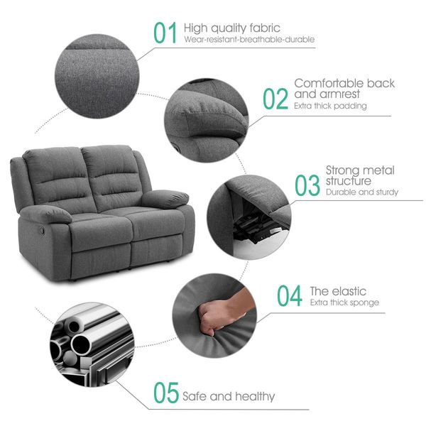 Premium Fabric 2 Seater Sofa Recliner Set W/ High Resilience Sponge Padding Easy To Clean