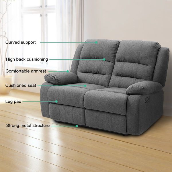 Premium Fabric 2 Seater Sofa Recliner Set W/ High Resilience Sponge Padding Easy To Clean