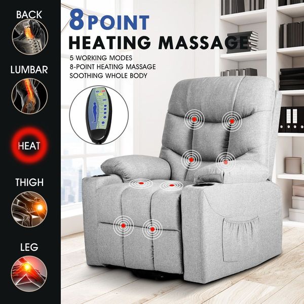 Relax 8 Point Heated Massage Chair Lift Moter 160 Degree Recliner Thick Padded Sofa W/Slide Out Foot Rest