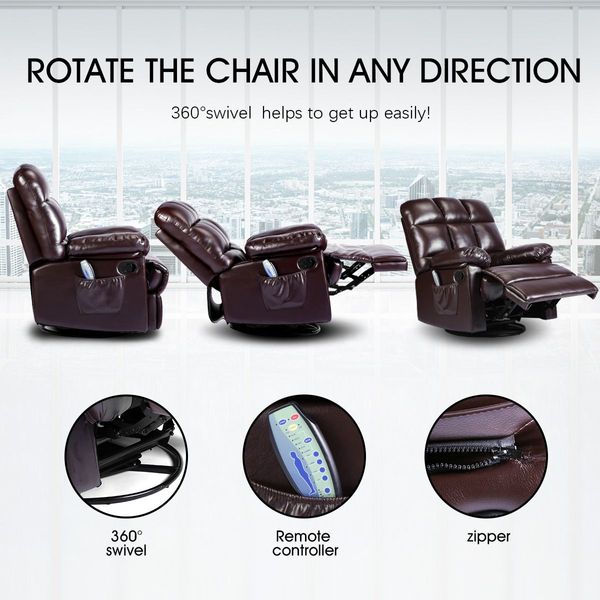 8-Point Heating Swivel Massage Chair 160 Degree Recliner Thick Padded Rocking Sofa W/Slide Out Footrest