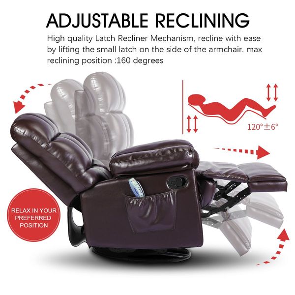 8-Point Heating Swivel Massage Chair 160 Degree Recliner Thick Padded Rocking Sofa W/Slide Out Footrest