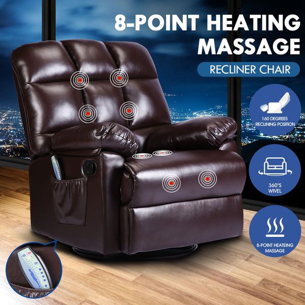 8-Point Heating Swivel Massage Chair 160 Degree Recliner Thick Padded Rocking Sofa W/Slide Out Footrest