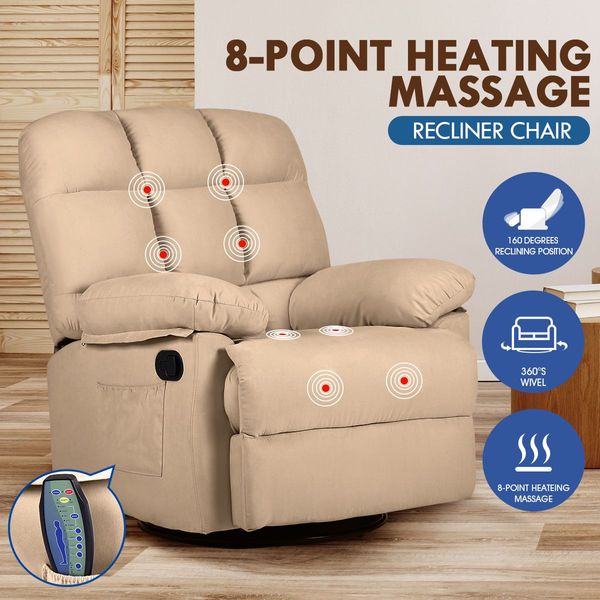 8-Point Heating Swivel Massage Chair 160° Recliner Thick Padded Rocking Sofa W/Slide Out Footrest