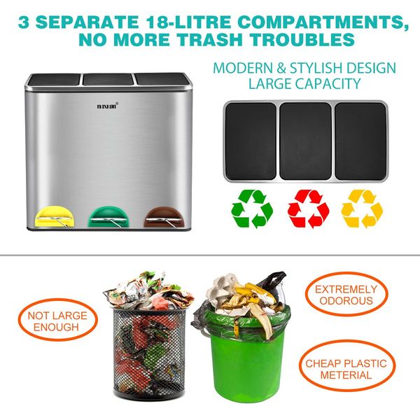 54L 3 Tri Compartment Kitchen Pedal Rubbish Bin Recycling Trash Waste Can Good Sealing W/Rubbish Bag