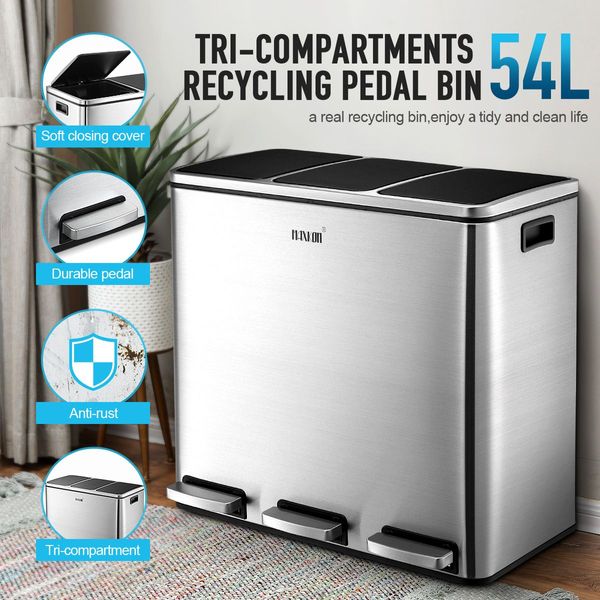 54L 3 Tri Compartment Kitchen Pedal Rubbish Bin Recycling Trash Waste Can Good Sealing W/Rubbish Bag