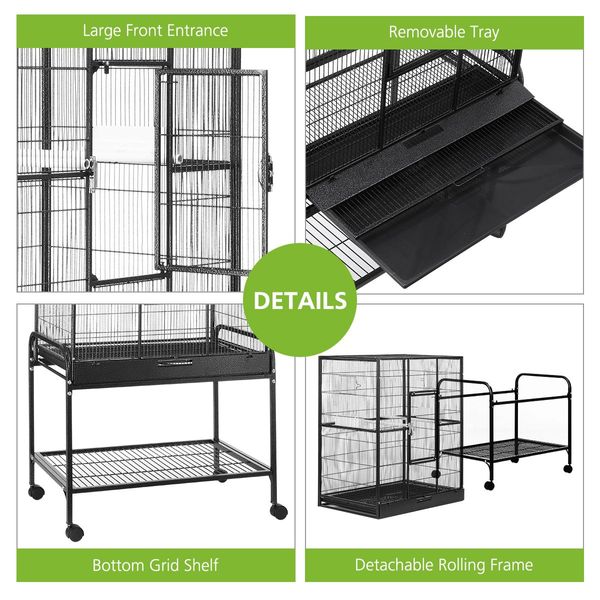 1.5M Large Wheeled Anti-Rust Metal Bird Cage W/Strong Mesh Wire,Safe Door Lock,Easy Clean Slide Tray