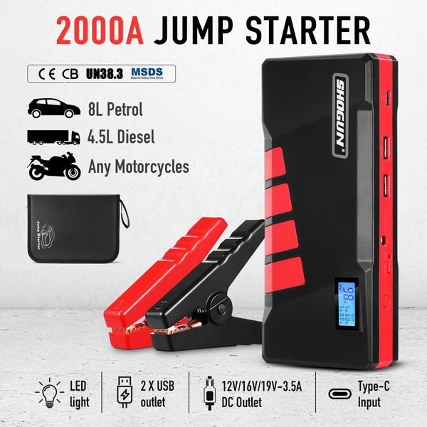 Compact 2000A Jump Starter Car Battery Charger W/Screen,C,Usb,Dc Ports For Car Boat Motor Phone Etc.