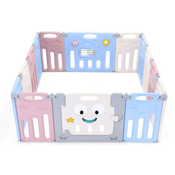 14 Panels Shape Adjustable Baby Playpen Fence Gate W/Safety Lock Eco-Friendly Foldable Easy Storage