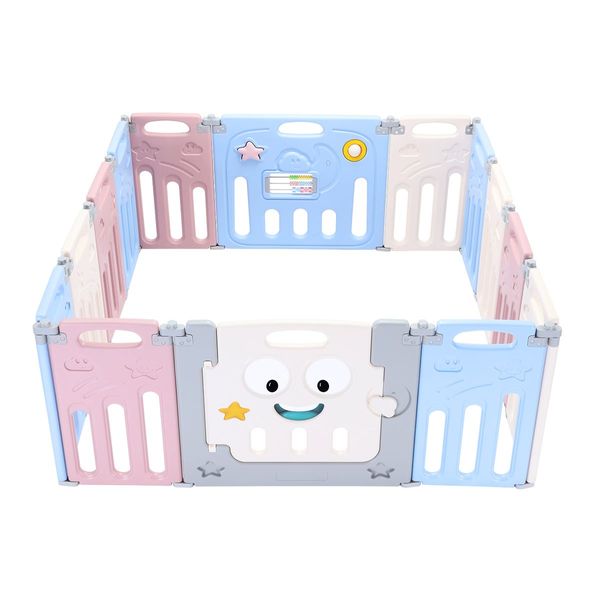 14 Panels Shape Adjustable Baby Playpen Fence Gate W/Safety Lock Eco-Friendly Foldable Easy Storage