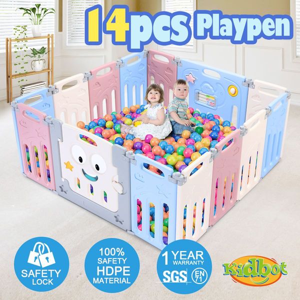 14 Panels Shape Adjustable Baby Playpen Fence Gate W/Safety Lock Eco-Friendly Foldable Easy Storage