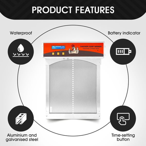 Timer/Light Sensor Automatic Chicken Coop Opener Safe Closer Prevent Predators Fox Raccoon