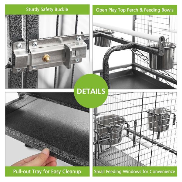 Wheeled Anti-Rust Iron Bird Cage Aviary W/Large Play Top,2 Perch,4 Feeder,Pull Out Tray Easy Clean