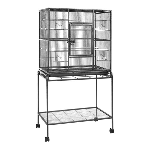 Durable Wrought Iron Wheeled Bird Cage Aviary W/4 Perch,4 Bowl,Emovable Slide Tray Easy To Clean