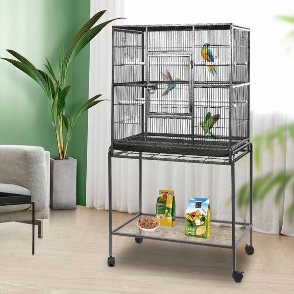 Durable Wrought Iron Wheeled Bird Cage Aviary W/4 Perch,4 Bowl,Emovable Slide Tray Easy To Clean