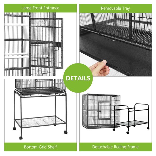 Durable Wrought Iron Wheeled Bird Cage Aviary W/4 Perch,4 Bowl,Emovable Slide Tray Easy To Clean