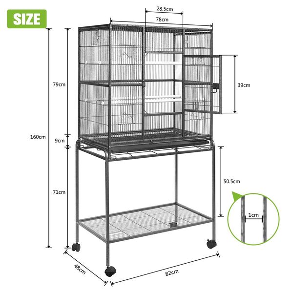 Durable Wrought Iron Wheeled Bird Cage Aviary W/4 Perch,4 Bowl,Emovable Slide Tray Easy To Clean