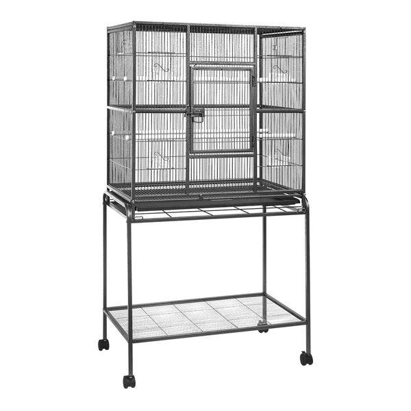 Durable Wrought Iron Wheeled Bird Cage Aviary W/4 Perch,4 Bowl,Emovable Slide Tray Easy To Clean