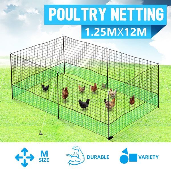 12X1.25M Any Shape Durable Chicken Net Fence Poultry Netting Enclosure W/Security Locks,6 Posts