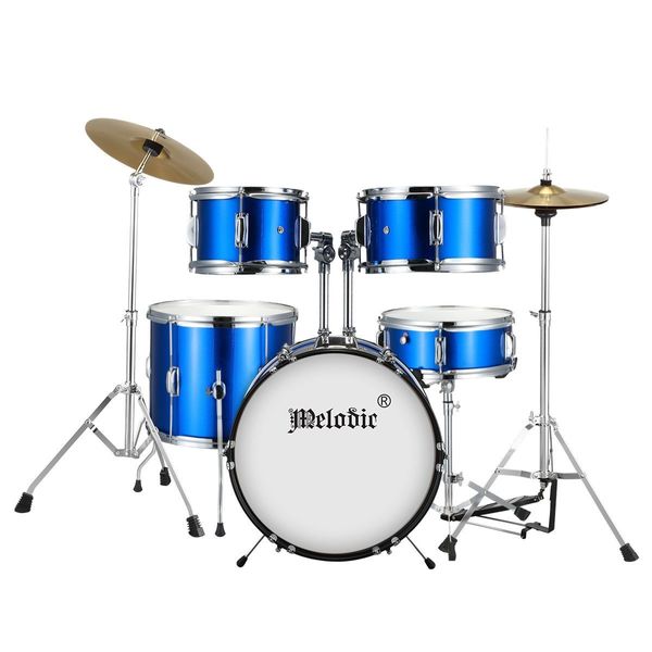 5 Pcs Full Size 100% Birch Shell Drum Kit W/Cymbals+Stool Good Gift For Begginers Children-Blue