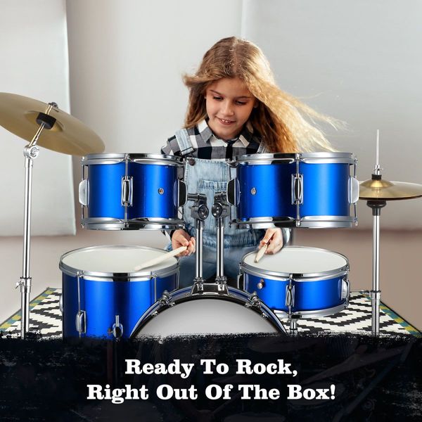 5 Pcs Full Size 100% Birch Shell Drum Kit W/Cymbals+Stool Good Gift For Begginers Children-Blue