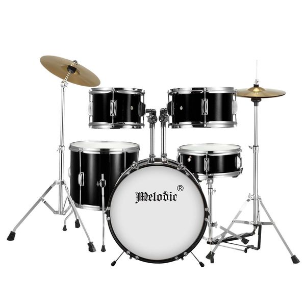 5 Pcs Full Size 100% Birch Shell Drum Kit W/Cymbals+Stool Good Gift For Begginers Children-Black