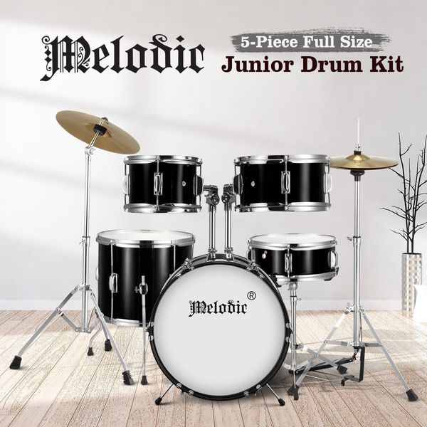 5 Pcs Full Size 100% Birch Shell Drum Kit W/Cymbals+Stool Good Gift For Begginers Children-Black