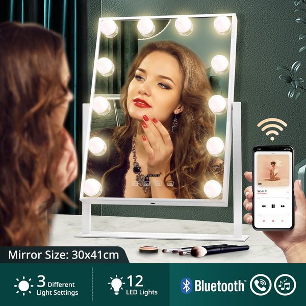 3 Light 12 Bulds Desktop Makeup Vanity Mirror W/Bluetooth Enjoy Music Give Call While Doing Makeup