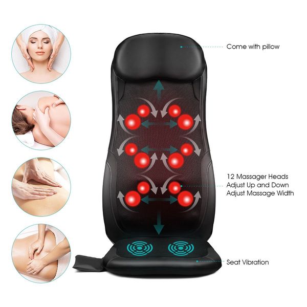 Heating Whole Body Car Seat Massager Chair Mat Deep Kneading 12 Nodes Finger-Like Massage