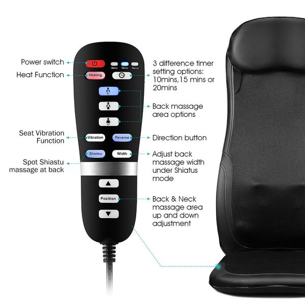 Heating Whole Body Car Seat Massager Chair Mat Deep Kneading 12 Nodes Finger-Like Massage