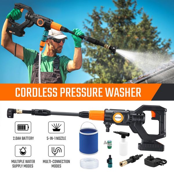 20V 2Ah Cordless Powerful Pressure Washer W/Extend Pole Quickly Remove Dirt For Hard-To-Reach Corner