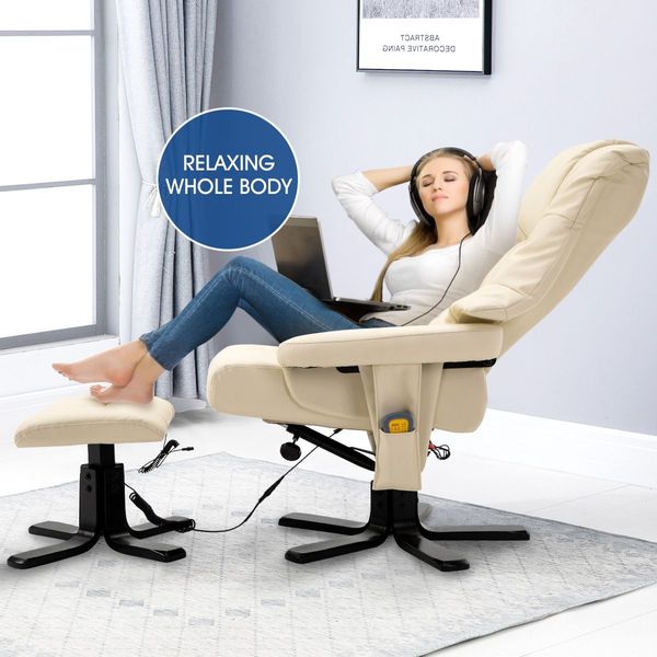 8-Point Heating Full Body Massage Chair Swivel 120 Degree Recliner Thick Padded W/Footrest