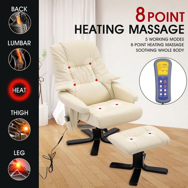 8-Point Heating Full Body Massage Chair Swivel 120 Degree Recliner Thick Padded W/Footrest