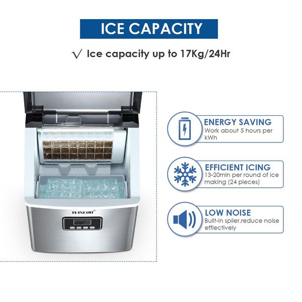 2.2L Portable Ice Cube Maker Machine,13-Min 24 Ice Cube 1 Cycle 17Kg 1 Day,S/M/L Size,Save Energy