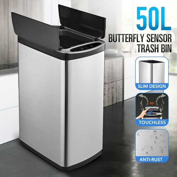 50L Kitchen Sensor Bin W/Butterfly Opening Lid,Non-Corrosive Stainless Steel Body Easy To Clean