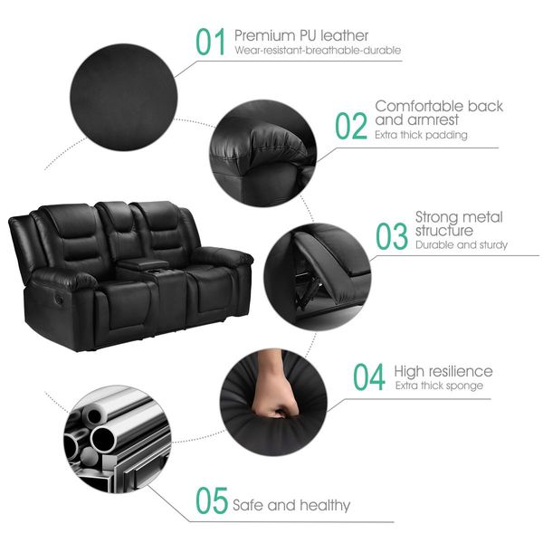 Comfortable 2 Seater Sofa 135° Recliner Premium Pu Leather Thick Padded Chair W/Adjustable Position