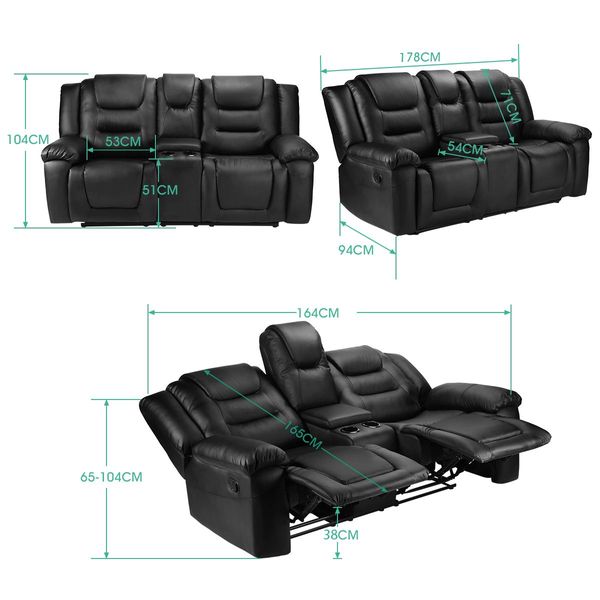 Comfortable 2 Seater Sofa 135° Recliner Premium Pu Leather Thick Padded Chair W/Adjustable Position