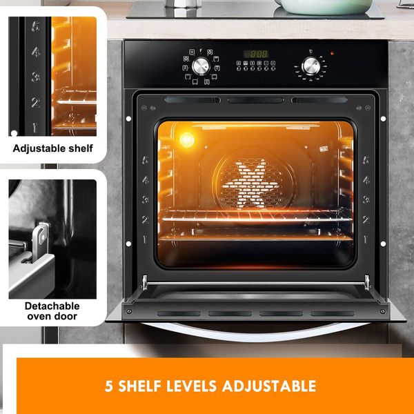 80L Electric Wall Oven W/Heat-Insulated Glass Door,Knob Control 10 Cook Funtions,Auto Cut Off Timer