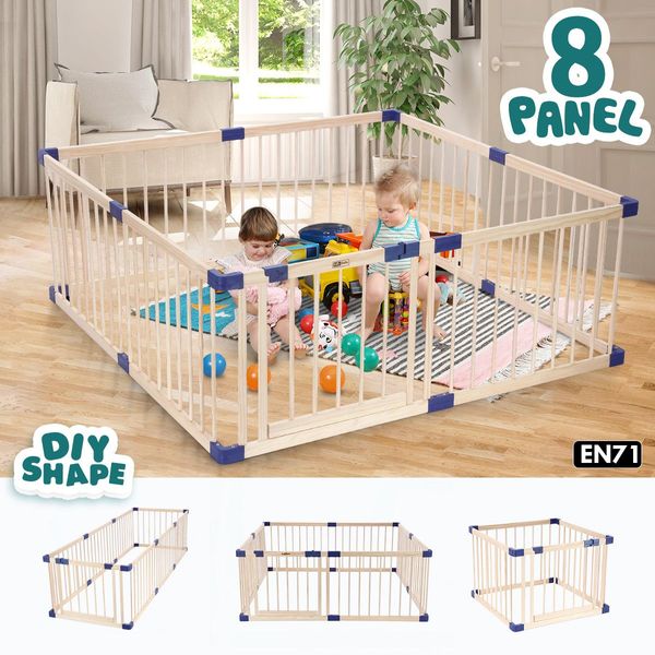 8 Panel Diy-Shape Wooden Baby Playpen Kid Enclosure Safe Fence 71Cm Height Eco Friendly Pine Wood