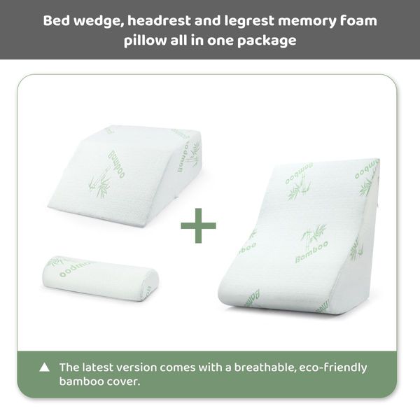 Wedge Support Pillow+Head Rest Pillow+Leg Elevation Pillow Bamboo Cover Anti Germ/Dust/Mite